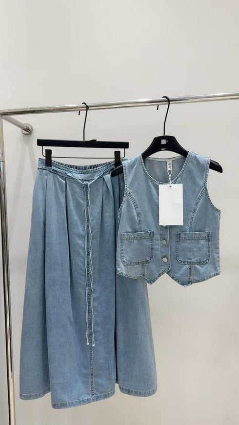 Summer Style Denim Vest With Long Skirt Sets